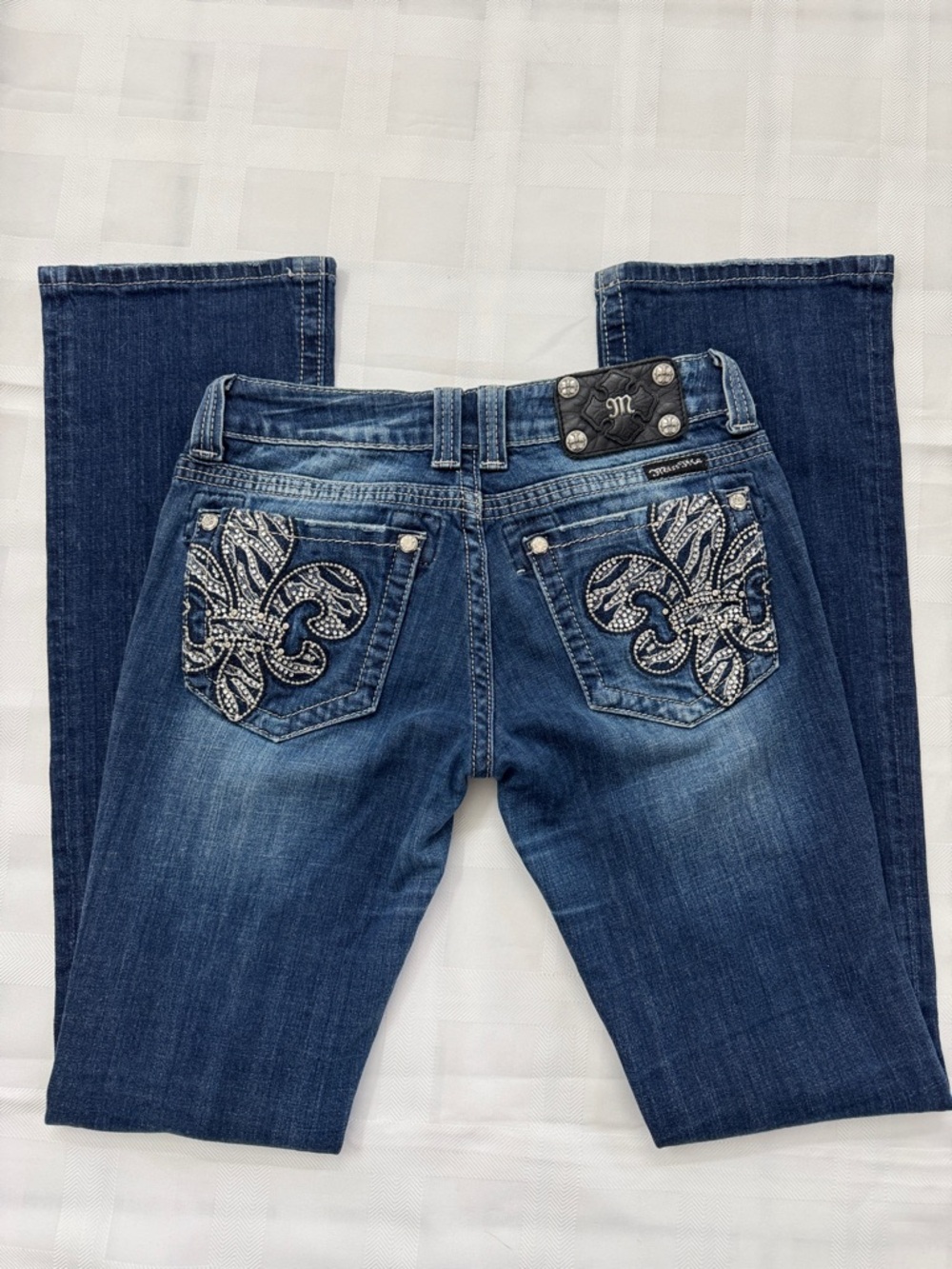 Miss Me Indigo Denim Boot Cut Jeans with Embellished Fleur de Lis Pockets